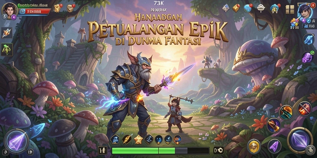 Screenshot gameplay 73K menampilkan karakter beraksi di dunia fantasi.