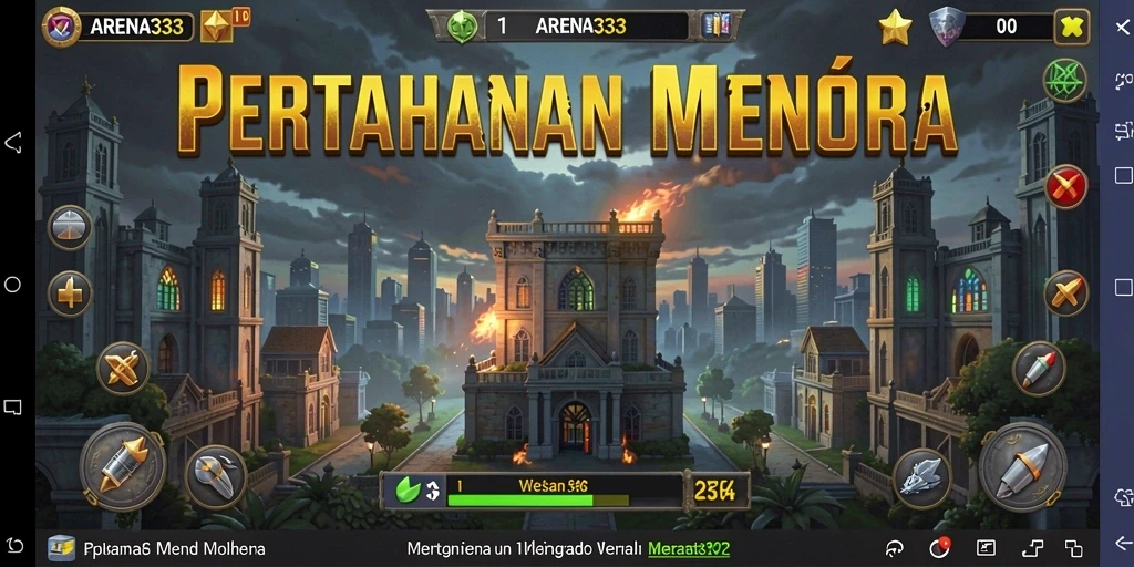 Tampilan utama gameplay ARENA333 saat pertahanan menara beraksi.