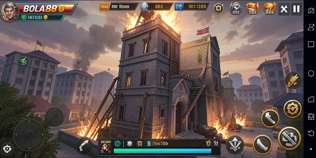 Screenshot gameplay BOLA88 dengan pengaturan pertahanan menara yang strategis.