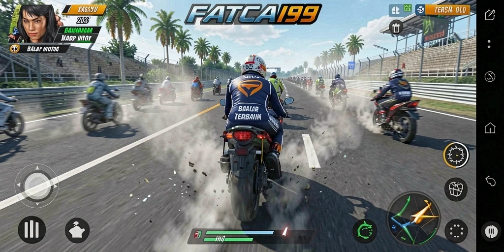 Screenshot gameplay dari FATCAI99 menampilkan balapan motor yang seru dan mendebarkan.