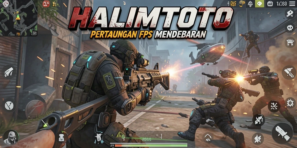 Screenshot gameplay menegangkan dari HALIMTOTO menunjukkan aksi FPS yang intens.