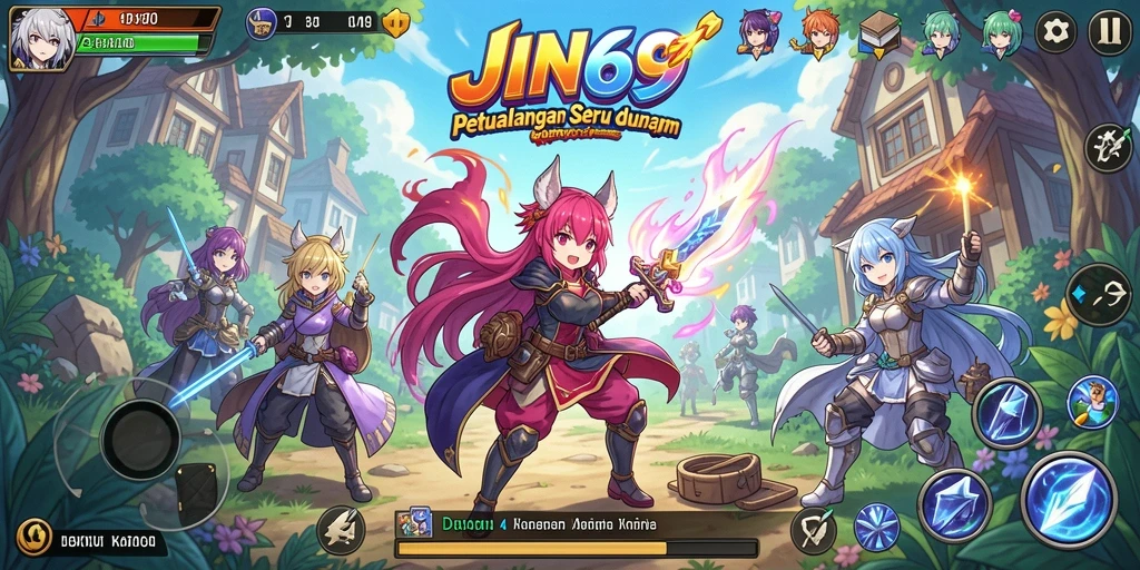 Tampilan gameplay JIN69 yang penuh warna dan karakter anime ikonik.