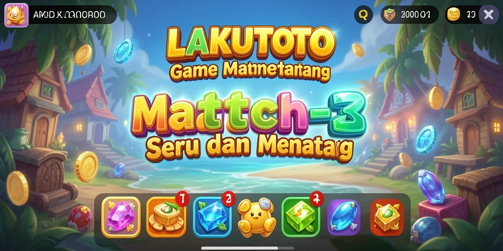 Screenshot gameplay LAKUTOTO dengan objek warna-warni dan tantangan mencocokkan.