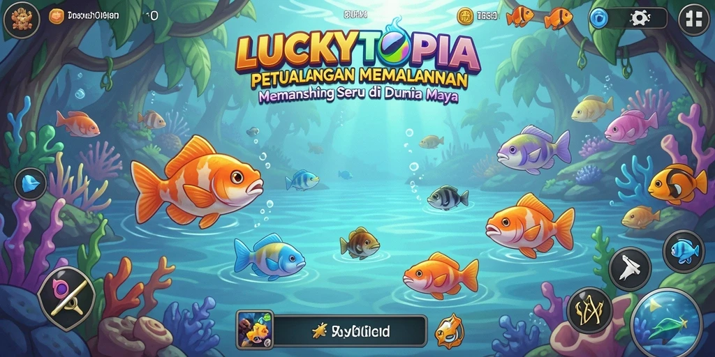 Tampilan gameplay LUCKYTOPIA yang menakjubkan saat memancing ikan.