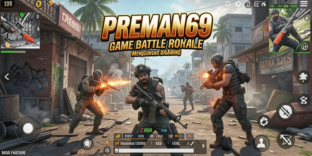 Tangkapan layar PREMAN69 menampilkan pertarungan seru dalam gameplay Battle Royale.